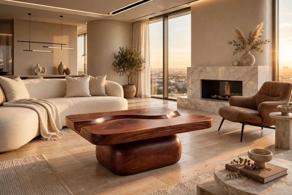 River Flow Coffee Table - Solid Mahogany Sculptural Coffee Table with Carved River Channel | Handcrafted
