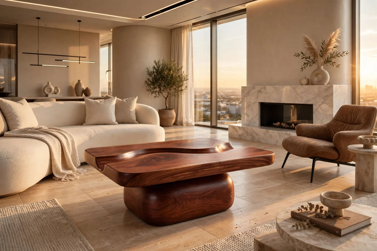 River Flow Coffee Table - Solid Mahogany Sculptural Coffee Table with Carved River Channel | Handcrafted
