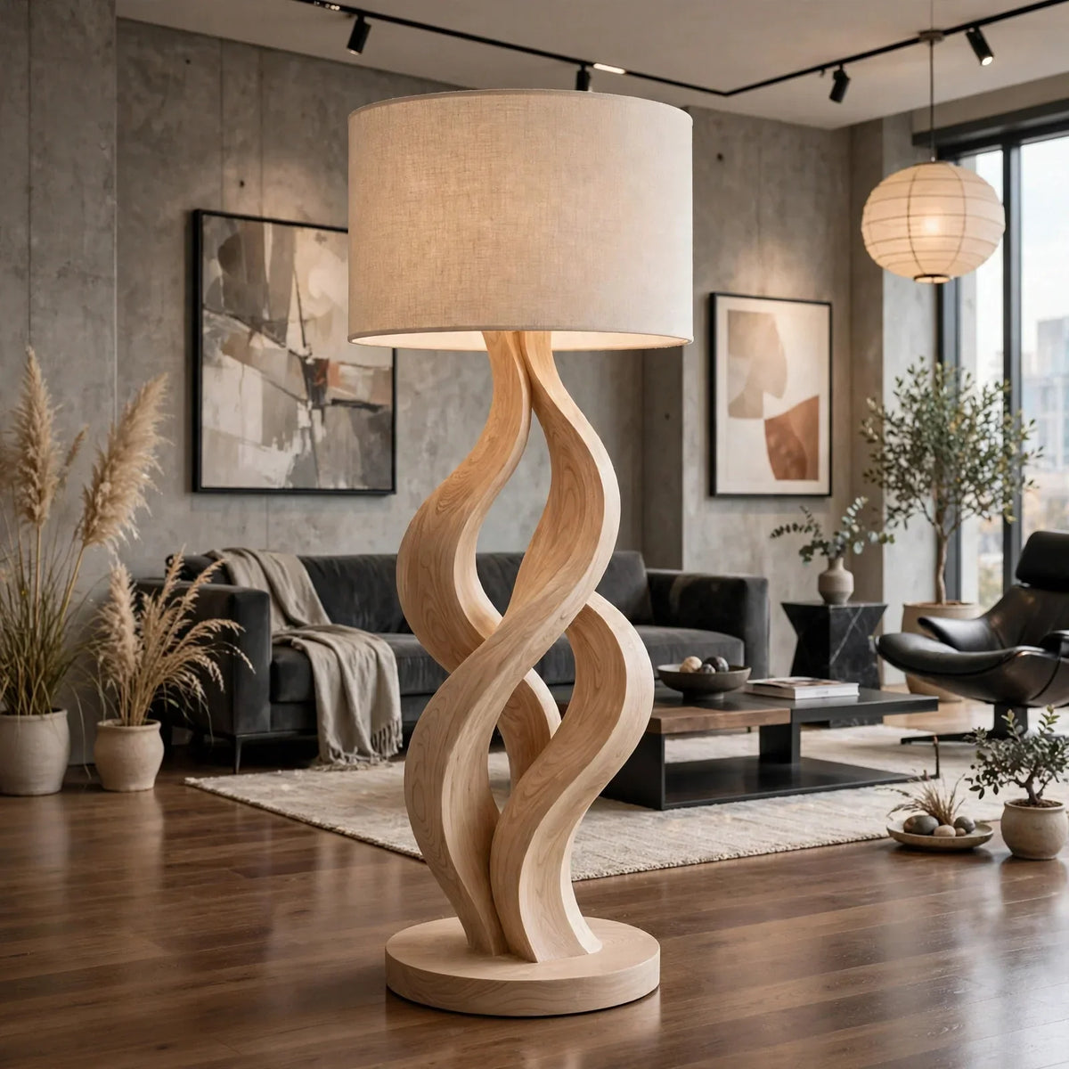 Modern Wave Sculpture Floor Lamp - Solid Ash Wood